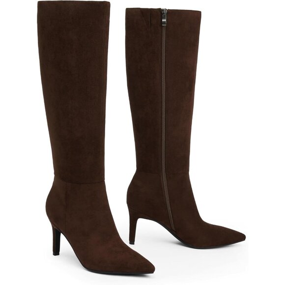 Women Dark Brown Suede Faux Leather Pointed Toe Stiletto Heel Zipper Dress Boot - Picture 2 of 7